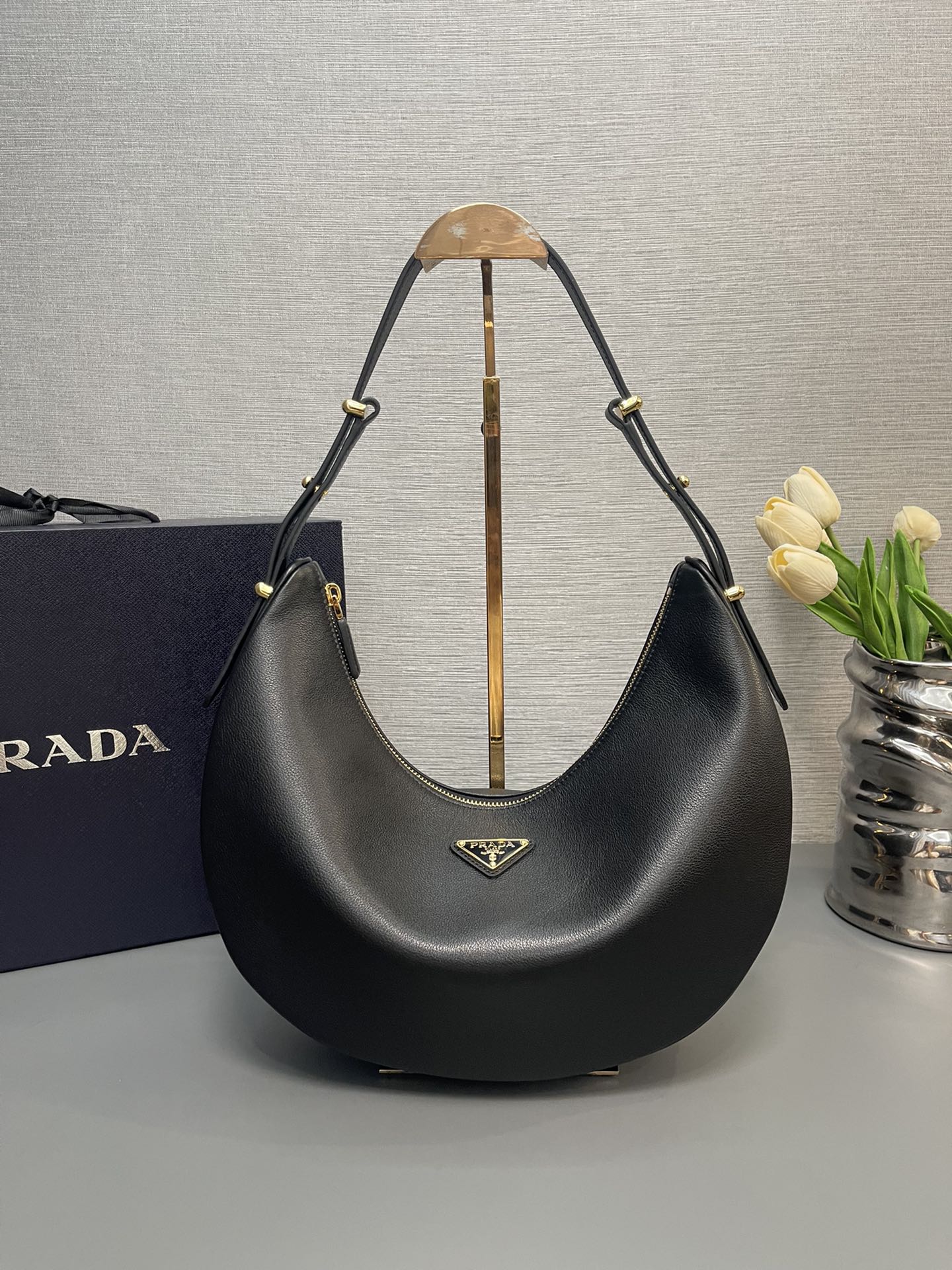 Prada Large Classic Hobo Arque Leather Shoulder Bag Black 1BC212